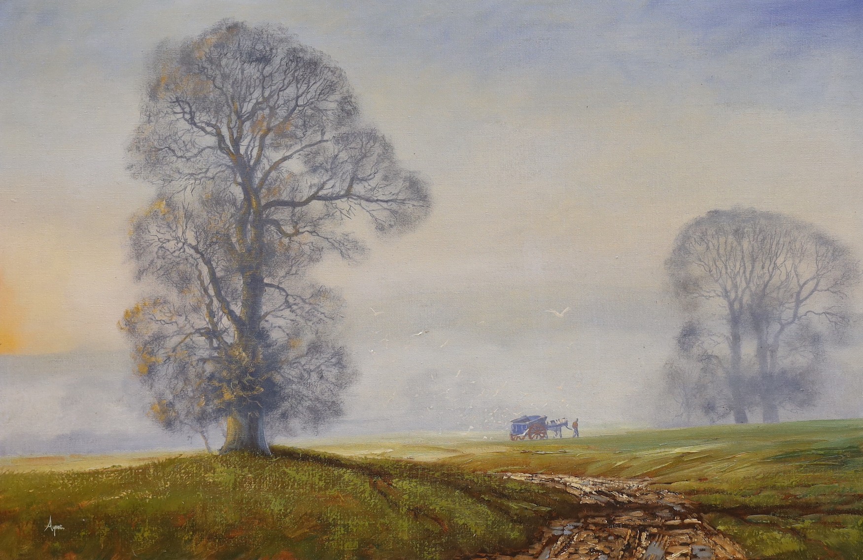 Donald Ayres (1936-), oil on canvas, ‘Morning mist near Alfriston’, signed, 50 x 75cm